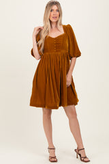Camel Velvet Sweetheart Button Accent Maternity Dress