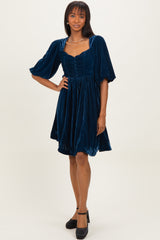 Navy Velvet Sweetheart Button Accent Dress
