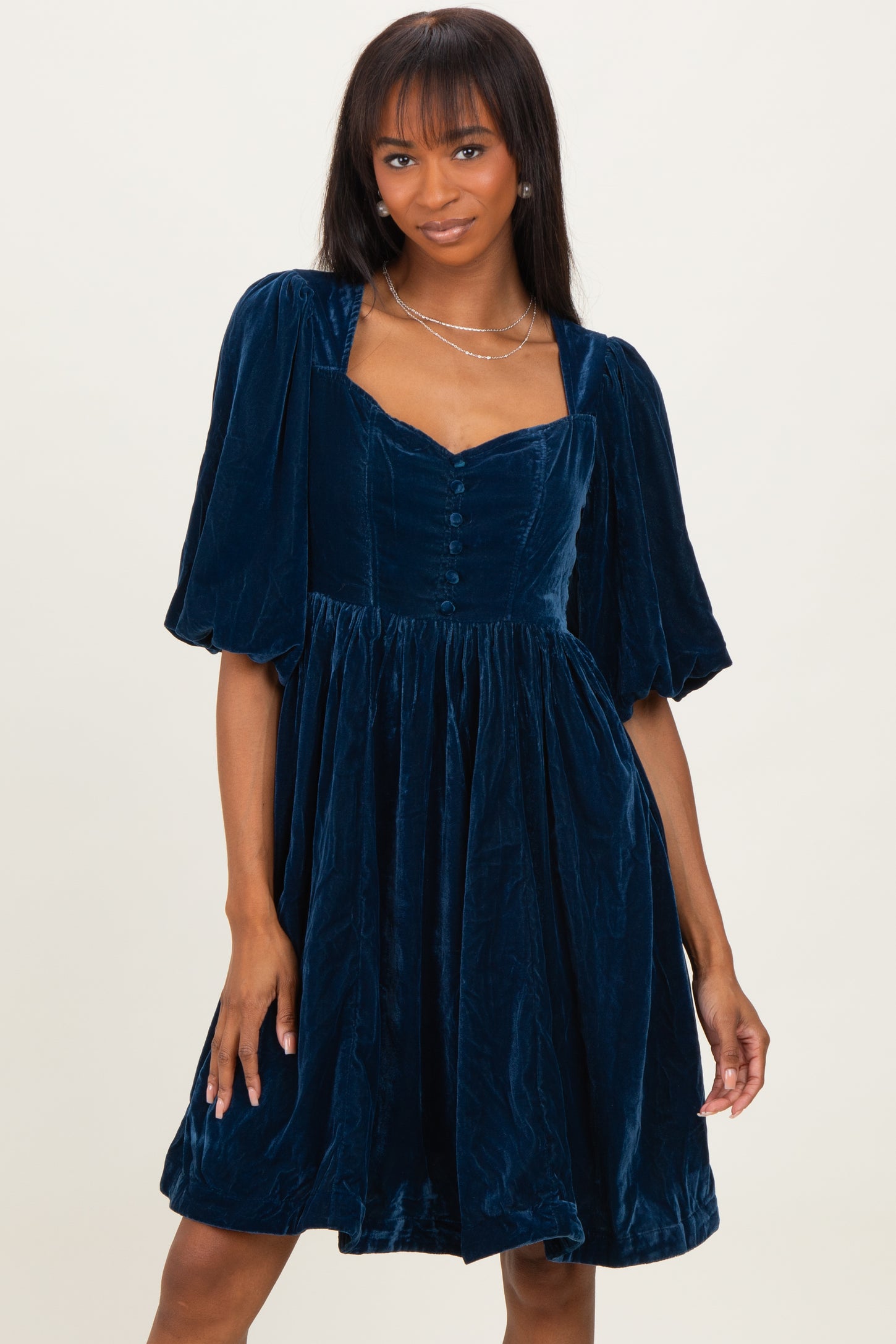 Navy Velvet Sweetheart Button Accent Dress