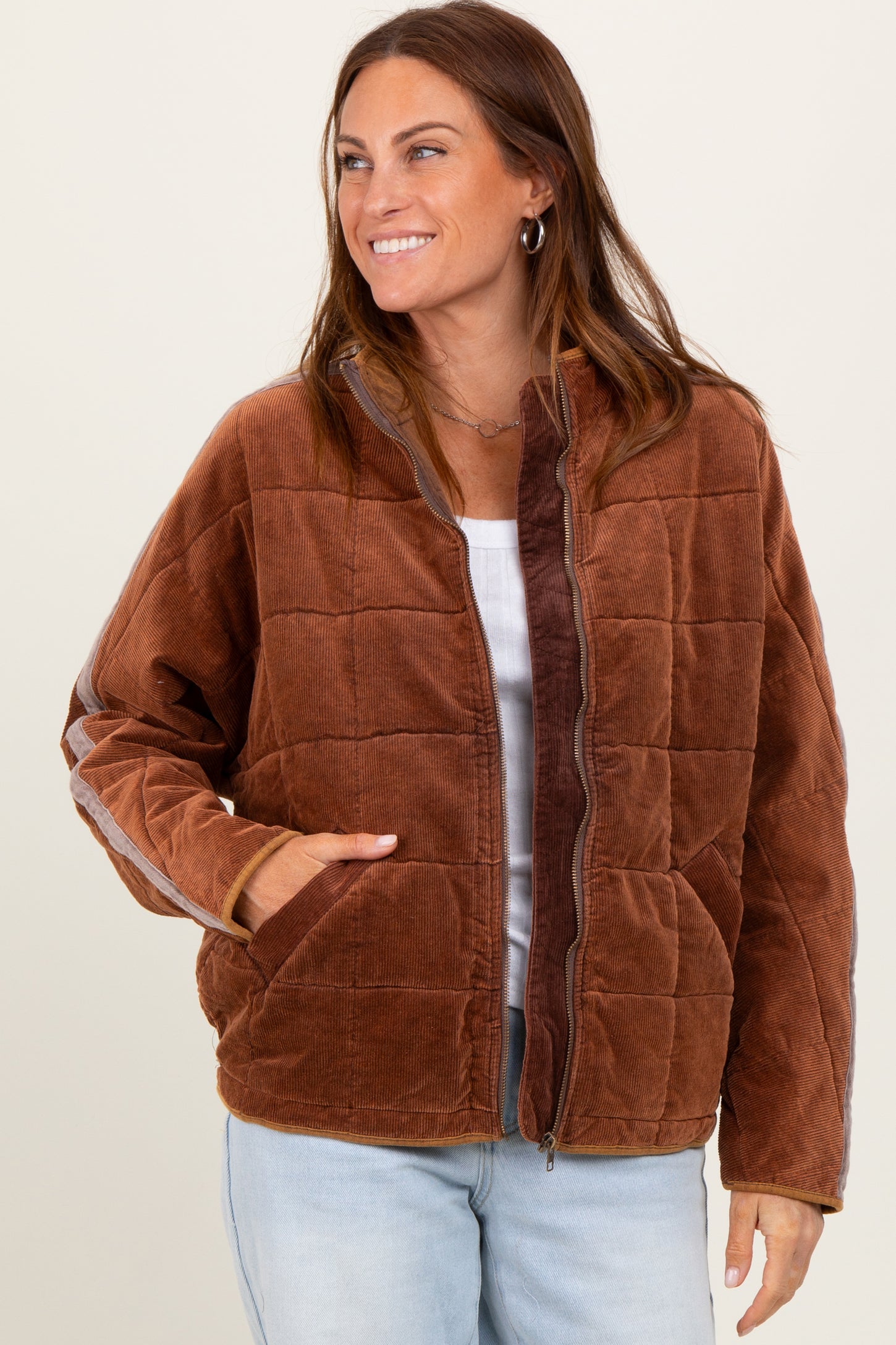 Brown Quilted Corduroy Puffer Jacket