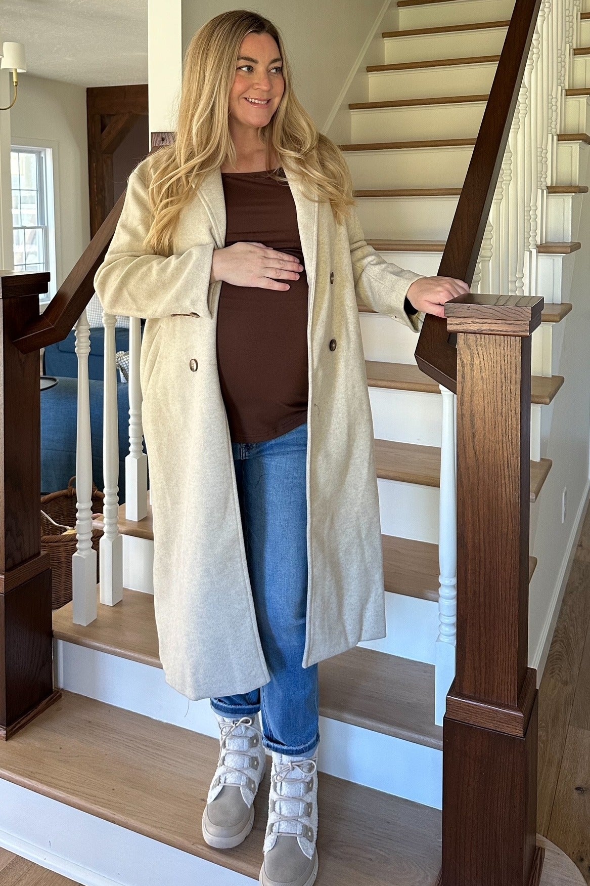 Cream Felted Double Breasted Lapel Maternity Button Coat