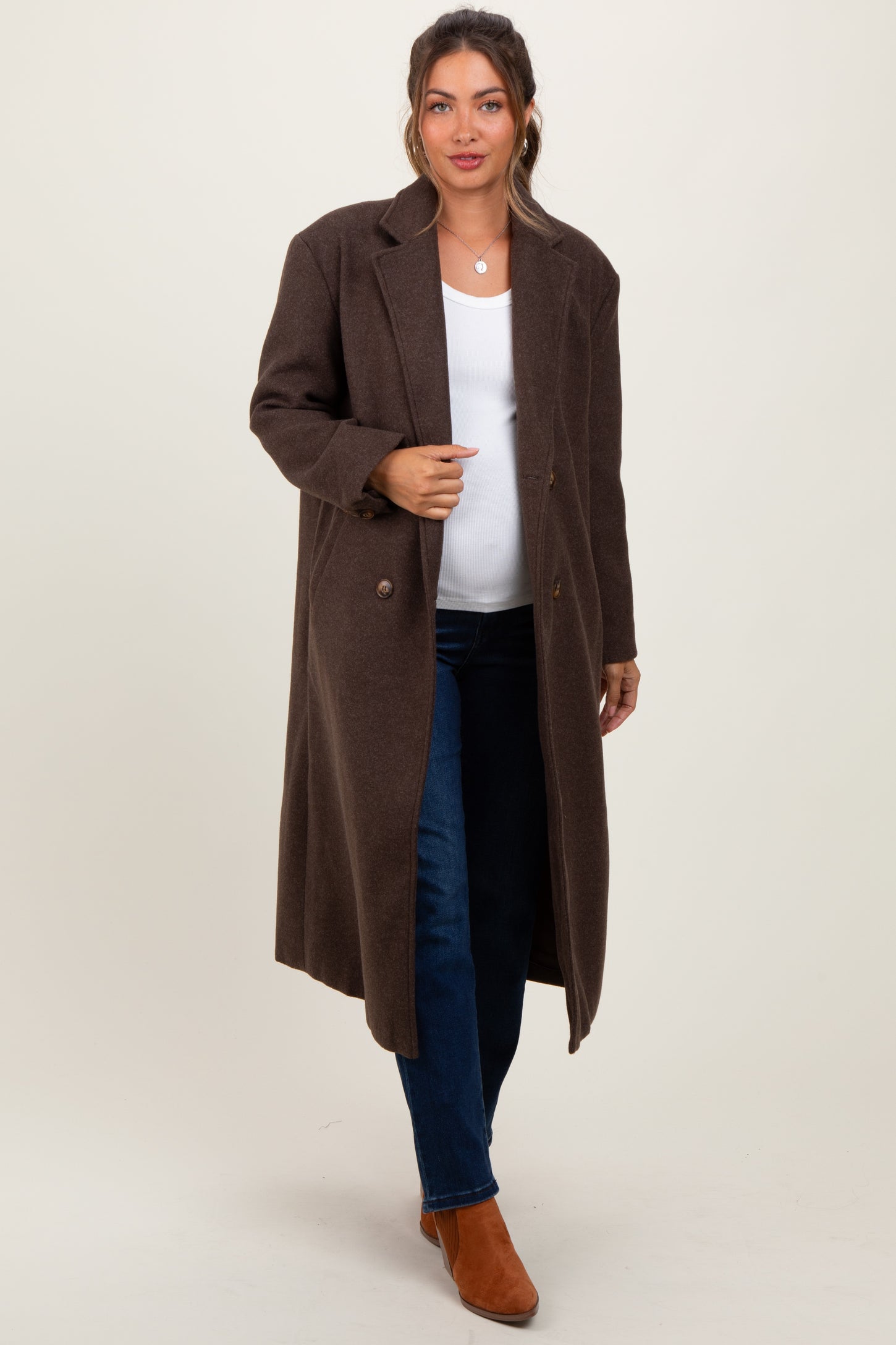 Brown Felted Double Breasted Lapel Maternity Button Coat