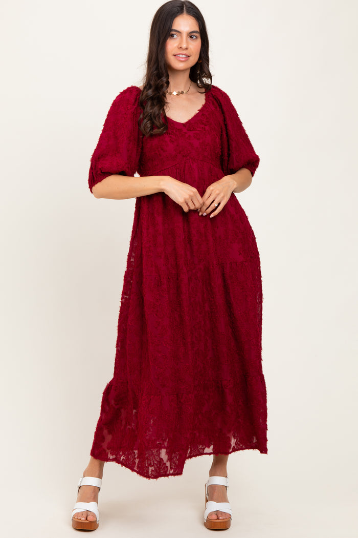 Burgundy Textured Tiered Maternity Midi Dress