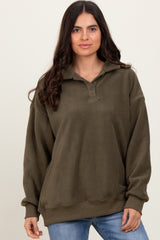 Olive Fleece Collared Button Up Pullover