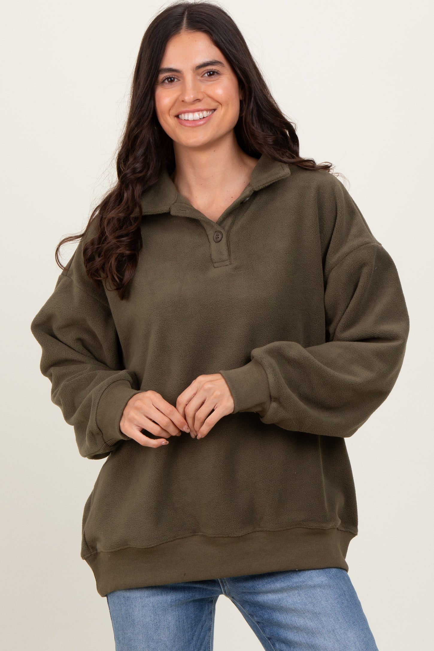 Olive Fleece Collared Button Up Maternity Pullover