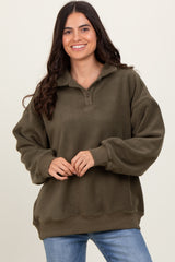 Olive Fleece Collared Button Up Pullover