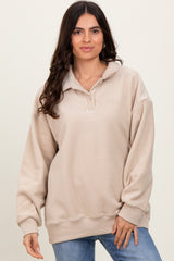 Beige Fleece Collared Button Up Maternity Pullover