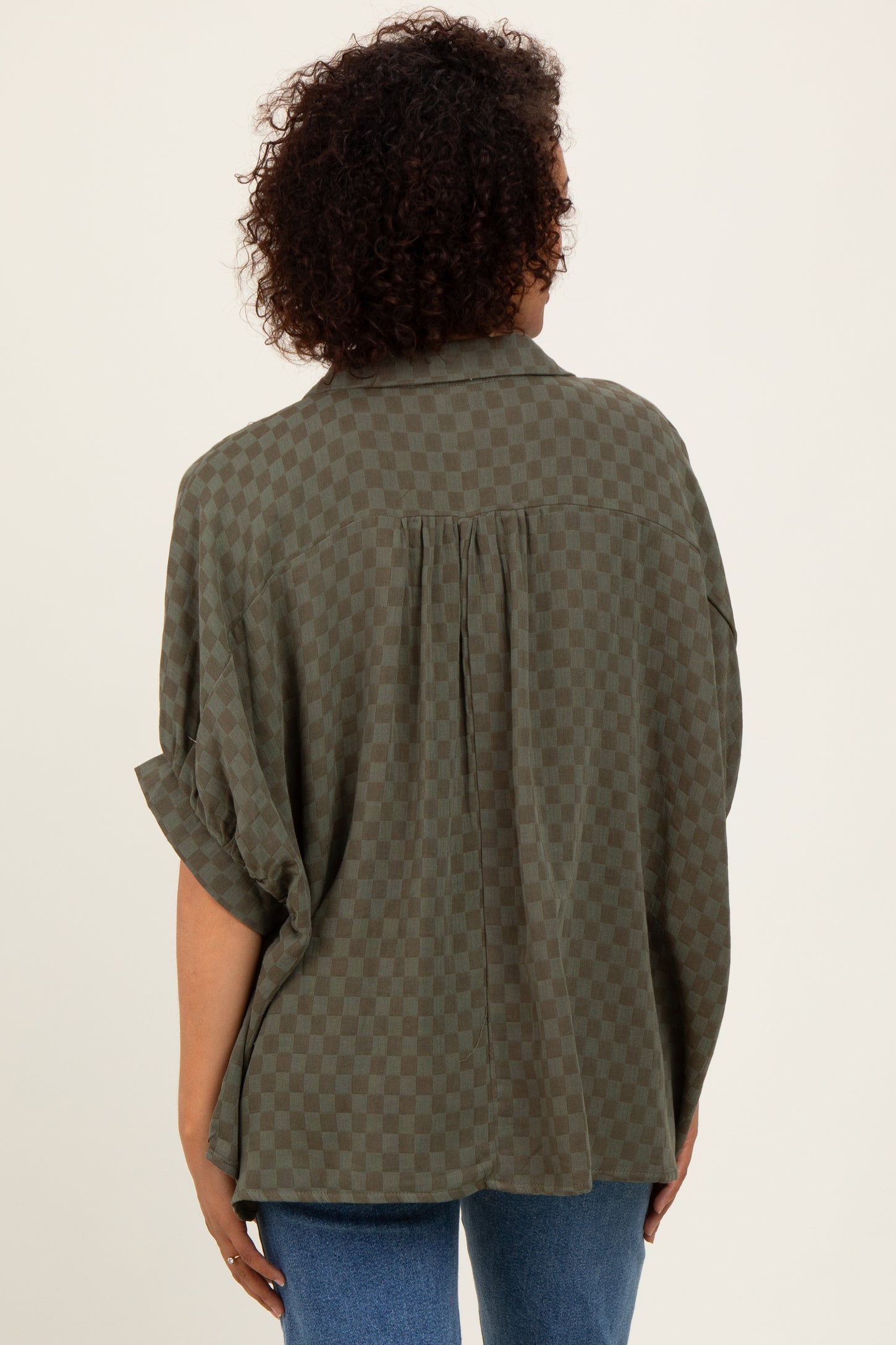 Olive Checker Print Short Sleeve Oversized Blouse