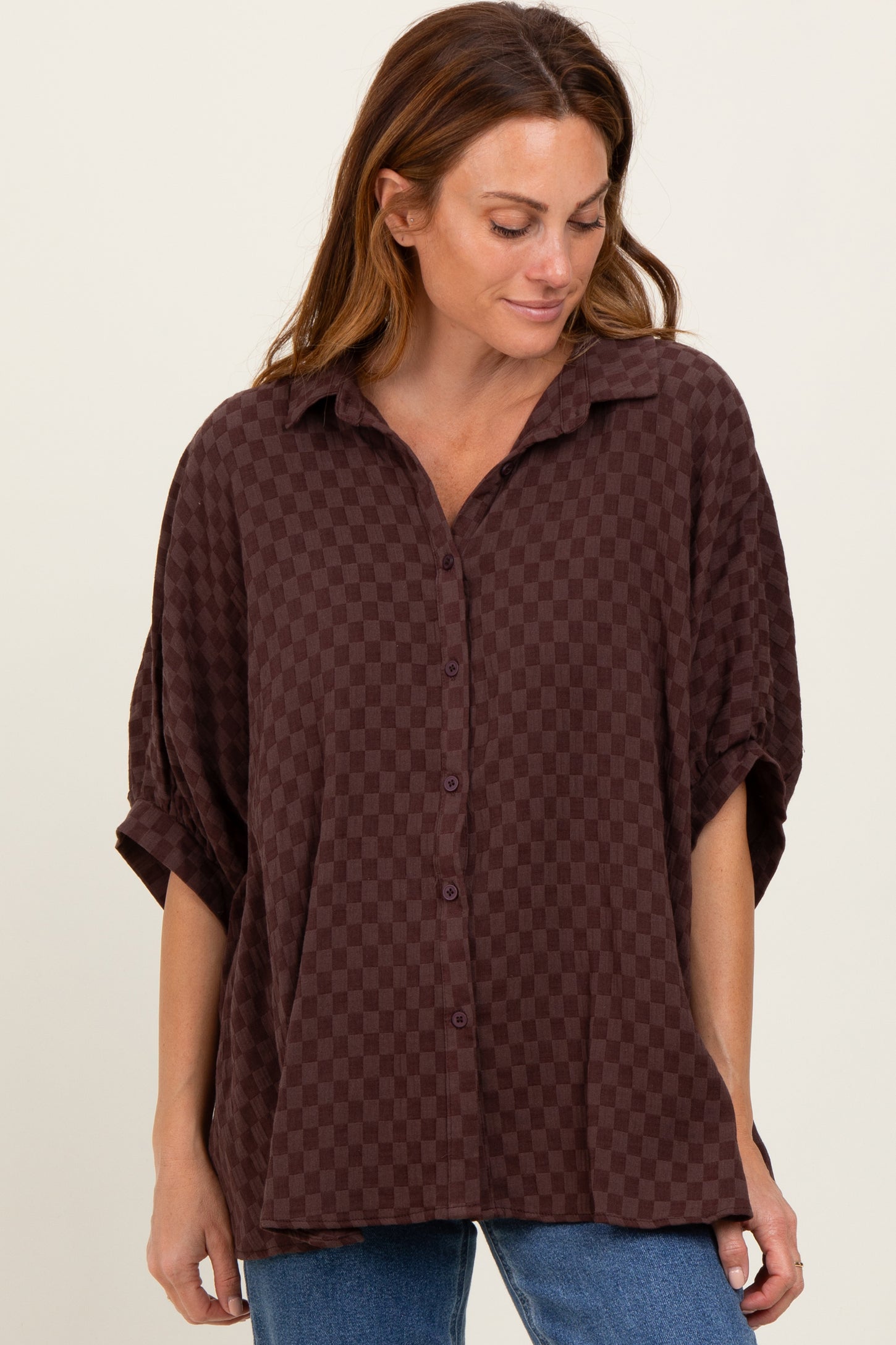 Brown Checker Print Short Sleeve Oversized Blouse
