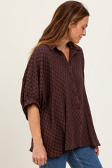 Brown Checker Print Short Sleeve Oversized Blouse