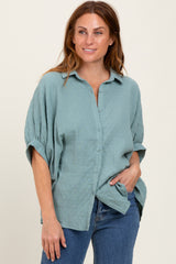 Light Olive Checker Print Short Sleeve Oversized Blouse