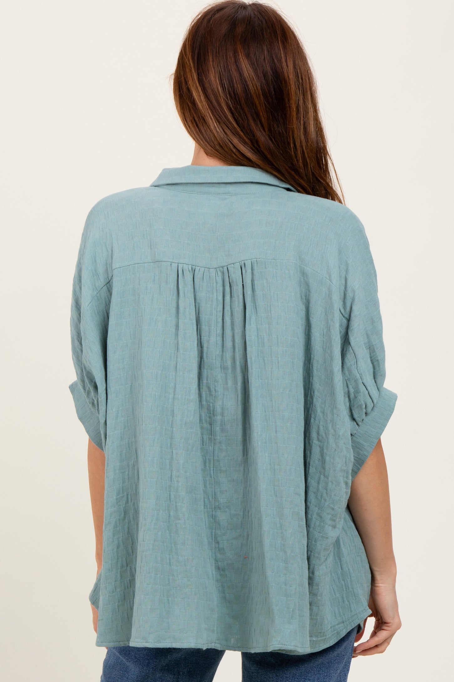 Light Olive Checker Print Short Sleeve Oversized Blouse