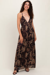 Dark Brown Floral Deep V-Neck Back Cutout Maternity Maxi Dress