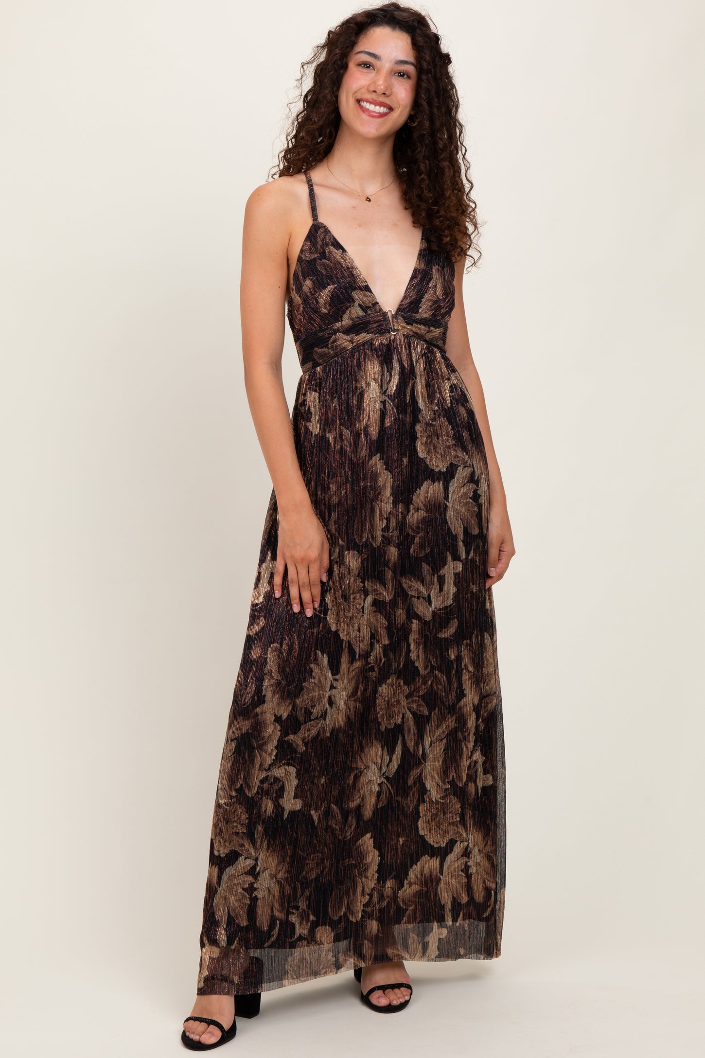 Dark Brown Floral Deep V-Neck Back Cutout Maxi Dress