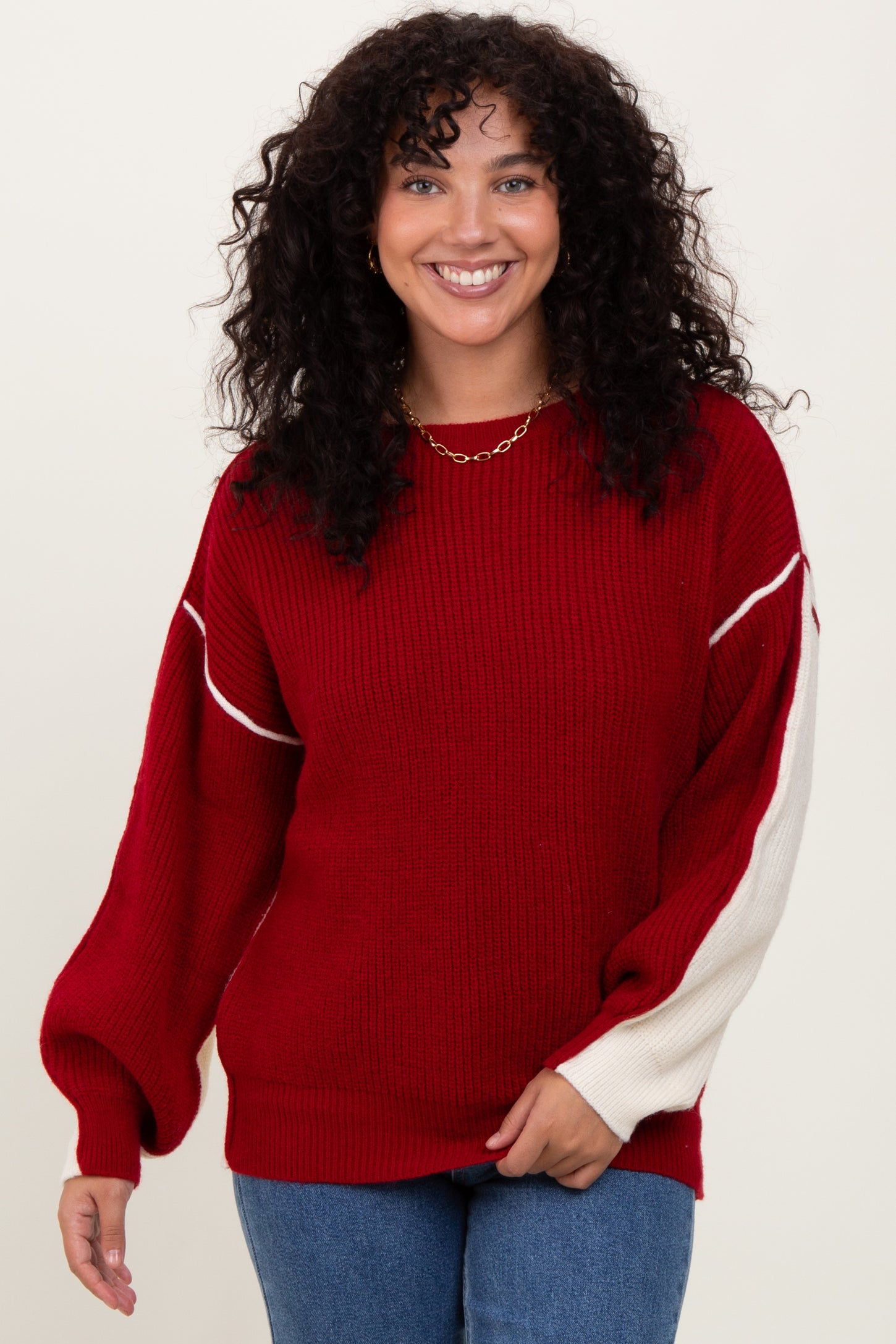Burgundy Ivory Colorblock Oversized Maternity Sweater