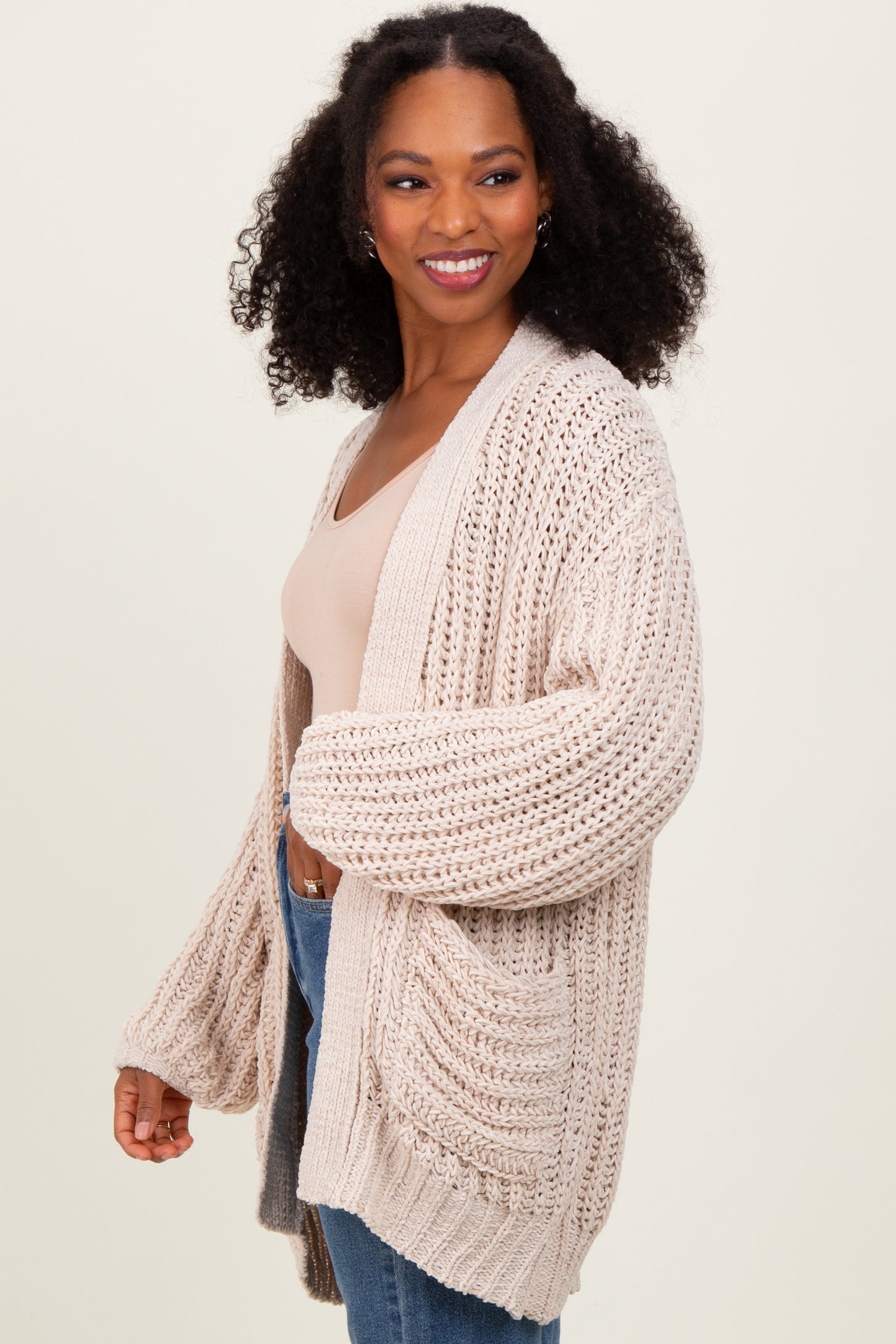 Beige Chunky Knit Oversized Pocket Cardigan