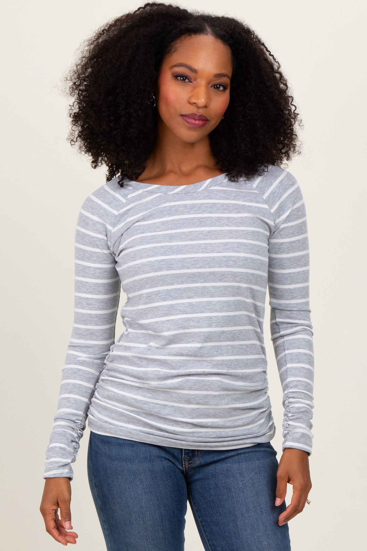 Grey Striped Ruched Side Long Sleeve Top
