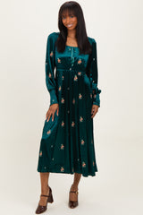 Deep Teal Velvet Embroidered Floral Midi Dress