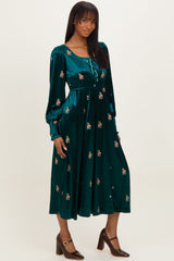 Deep Teal Velvet Embroidered Floral Midi Dress