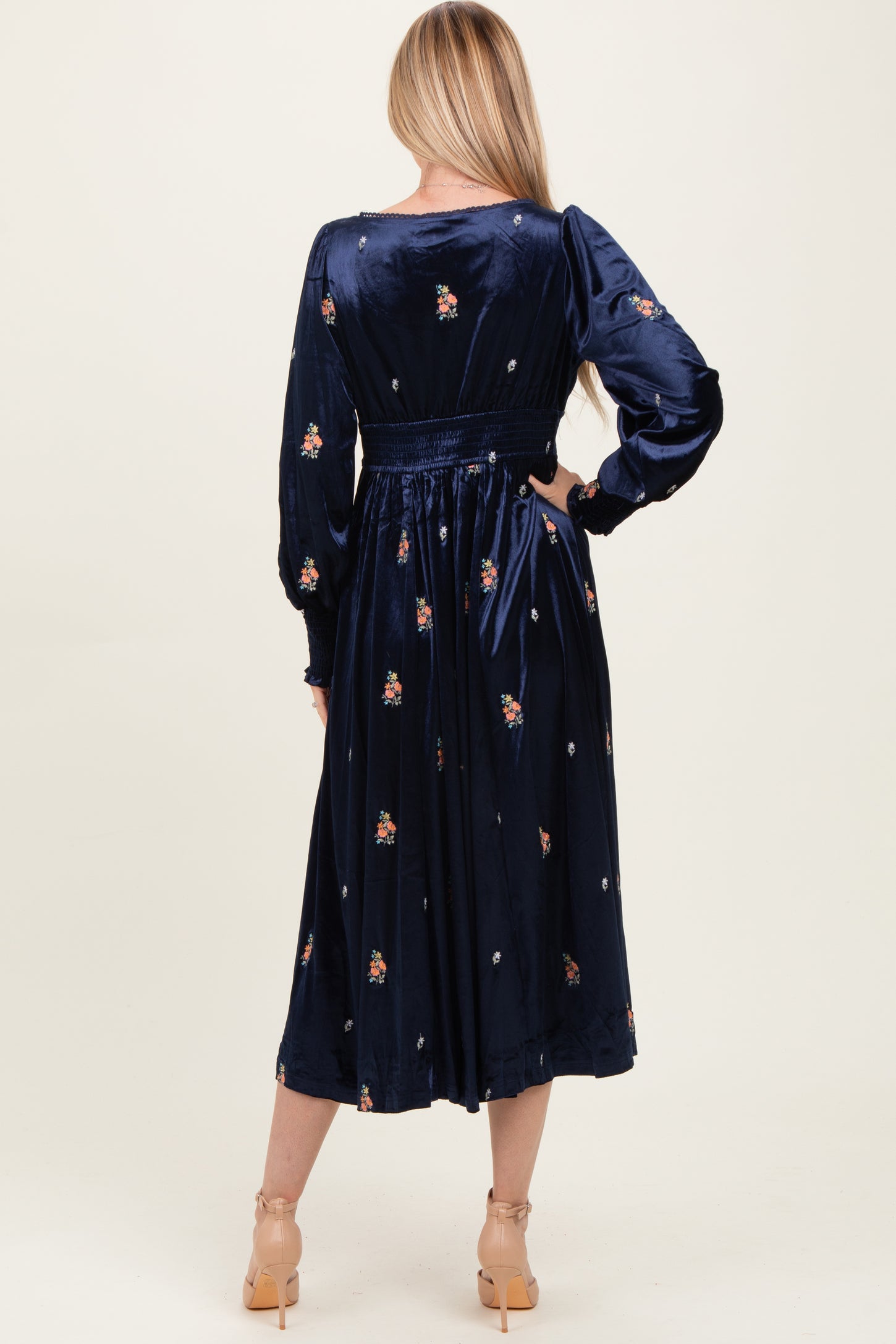 Navy Velvet Embroidered Floral Midi Dress