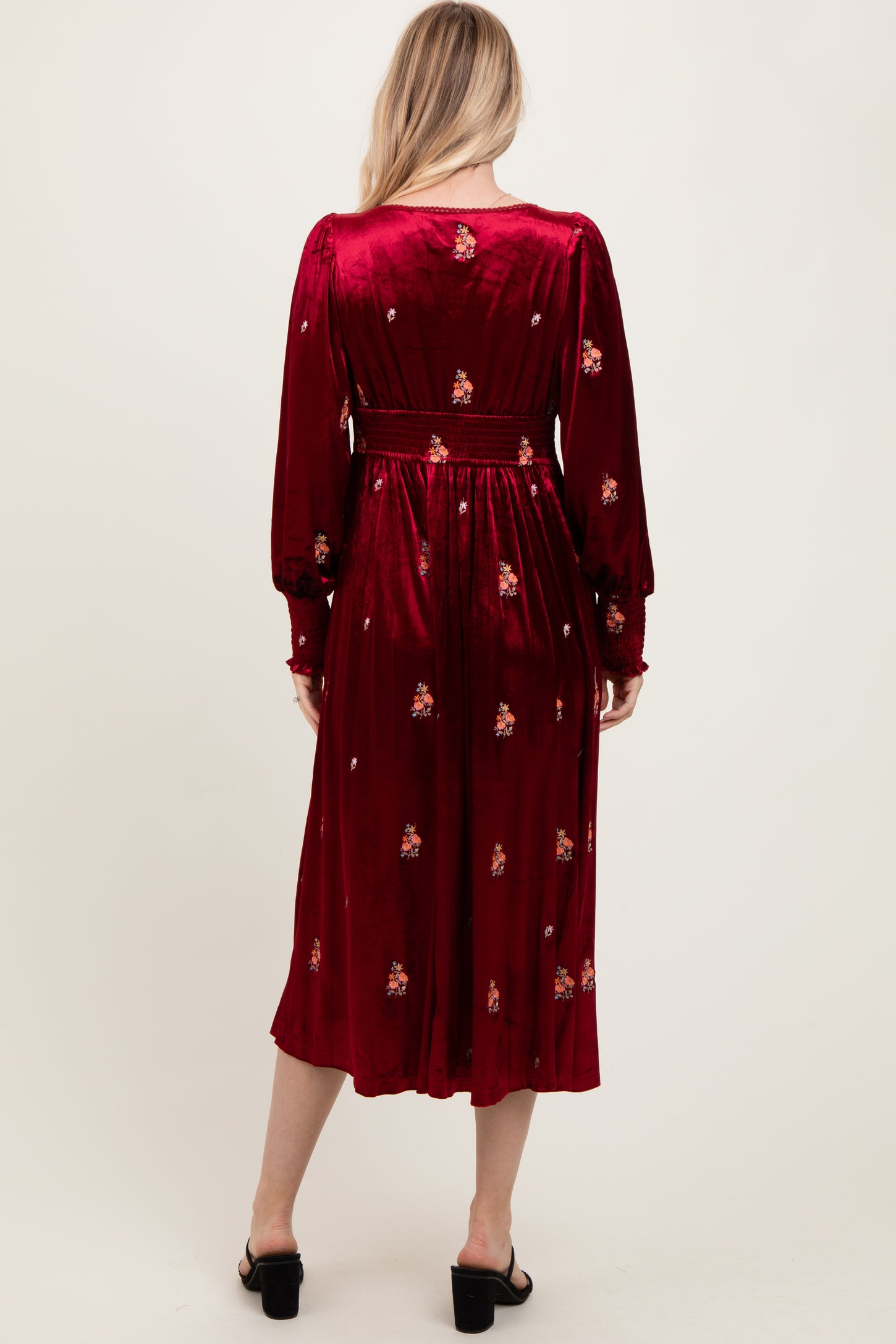 Red Velvet Embroidered Floral Midi Dress