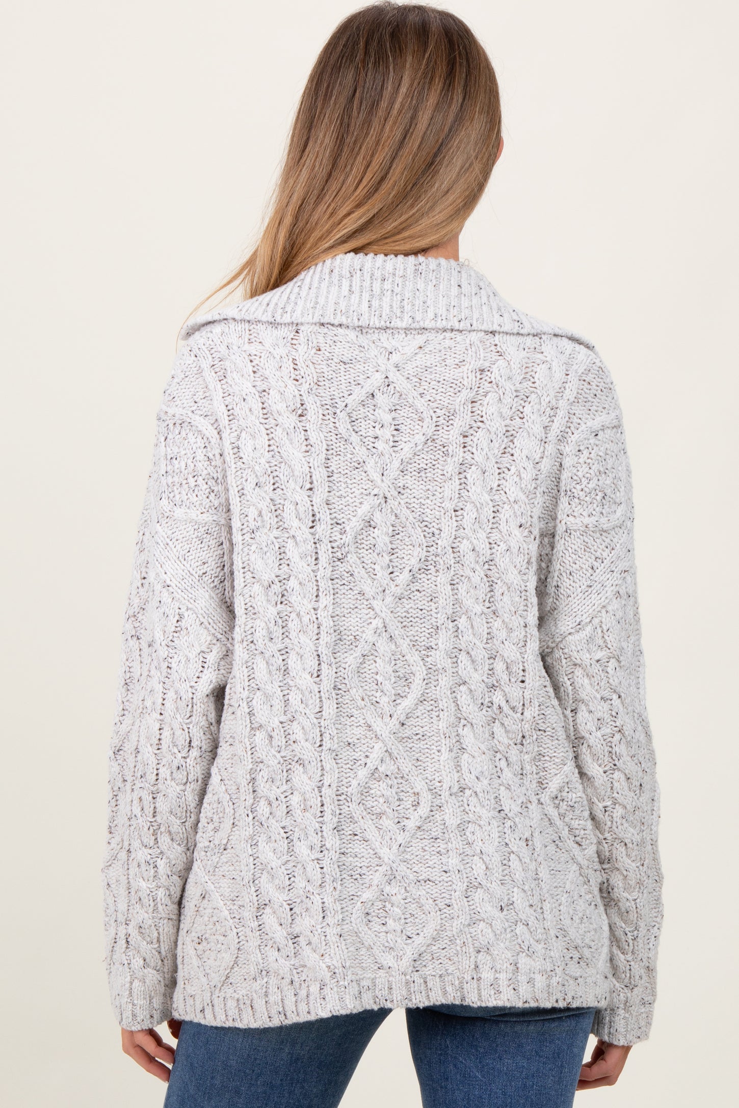 Heather Grey Cable Knit Collared Maternity Button Up Cardigan