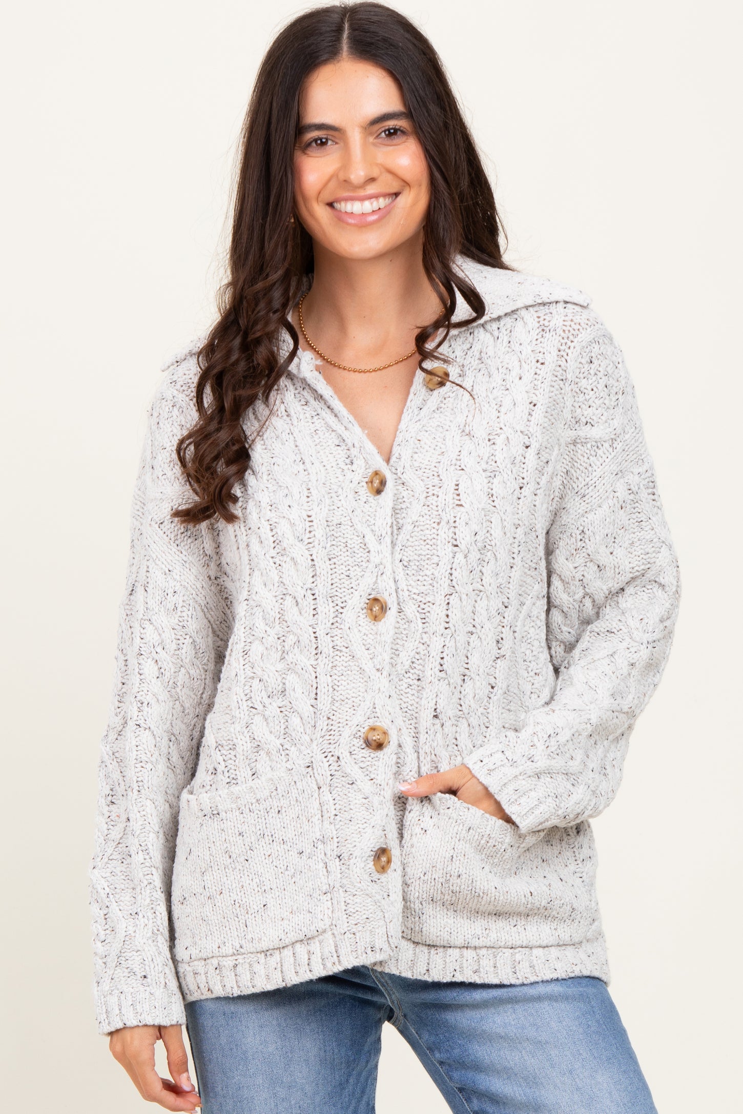 Heather Grey Cable Knit Collared Maternity Button Up Cardigan