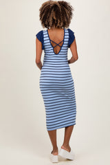 Light Blue Striped Ribbed Ruffle Sleeve Open Back Maternity Midi Dress