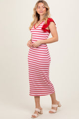 Light Pink Striped Ribbed Ruffle Sleeve Open Back Midi Dress