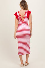 Light Pink Striped Ribbed Ruffle Sleeve Open Back Midi Dress