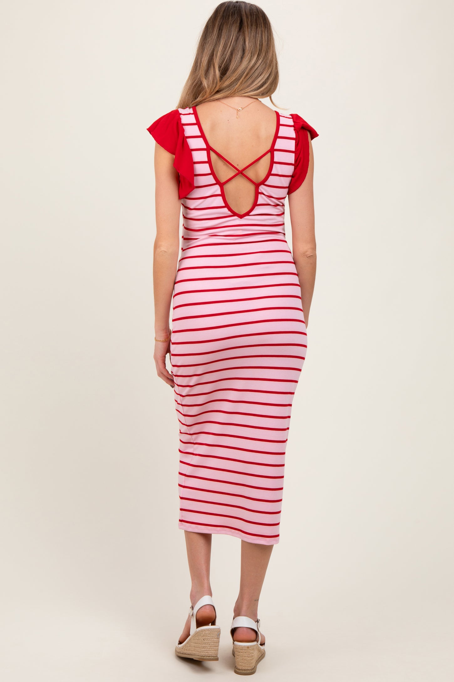 Light Pink Striped Ribbed Ruffle Sleeve Open Back Maternity Midi Dress