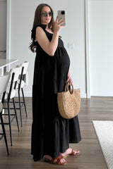 Black Shoulder Tie Tiered Maternity Maxi Dress