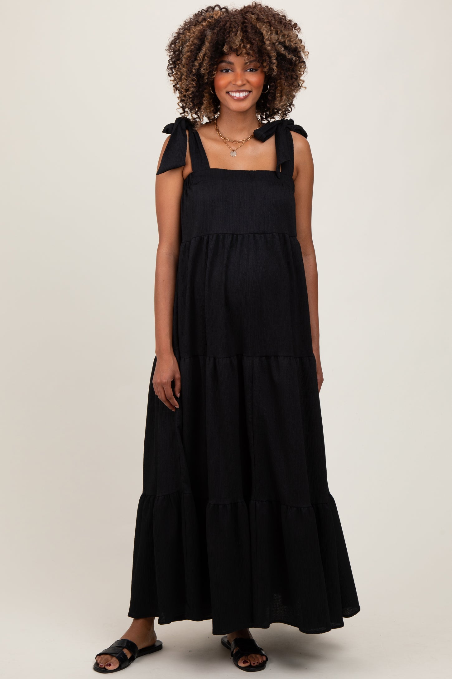 Black Shoulder Tie Tiered Maternity Maxi Dress