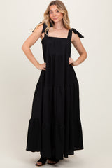 Black Shoulder Tie Tiered Maternity Maxi Dress