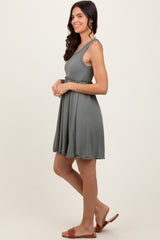 Olive Ribbed Sleeveless Lettuce Trim Mini Dress