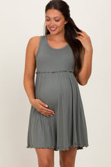 Olive Ribbed Sleeveless Lettuce Trim Maternity Mini Dress