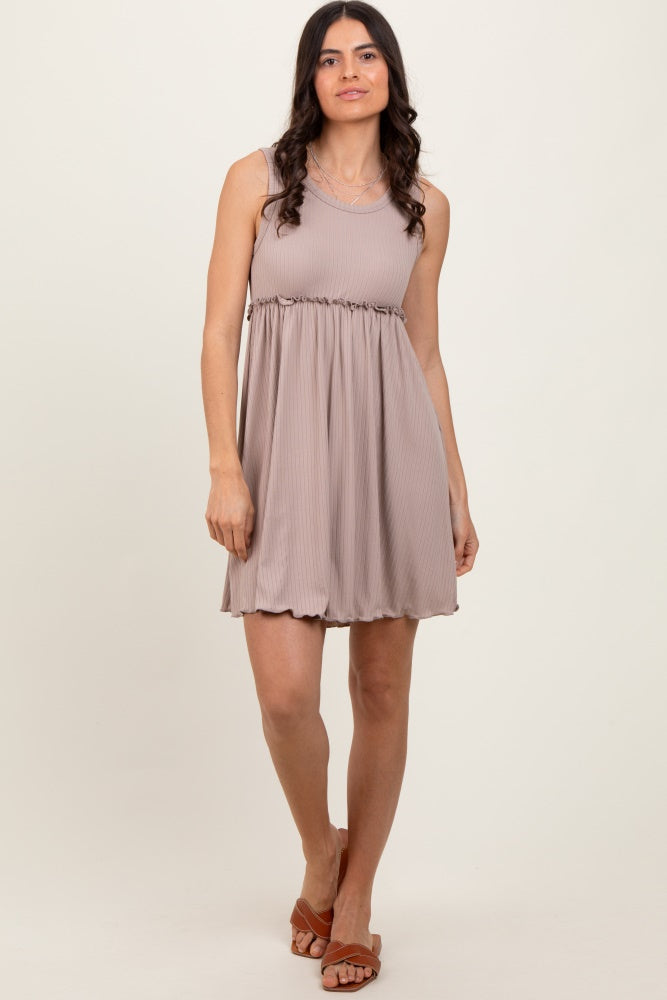 Taupe Ribbed Sleeveless Lettuce Trim Mini Dress