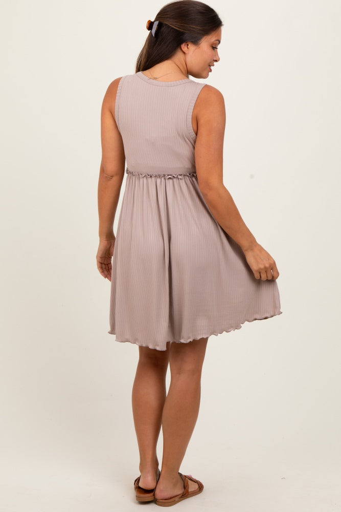 Taupe Ribbed Sleeveless Lettuce Trim Maternity Mini Dress