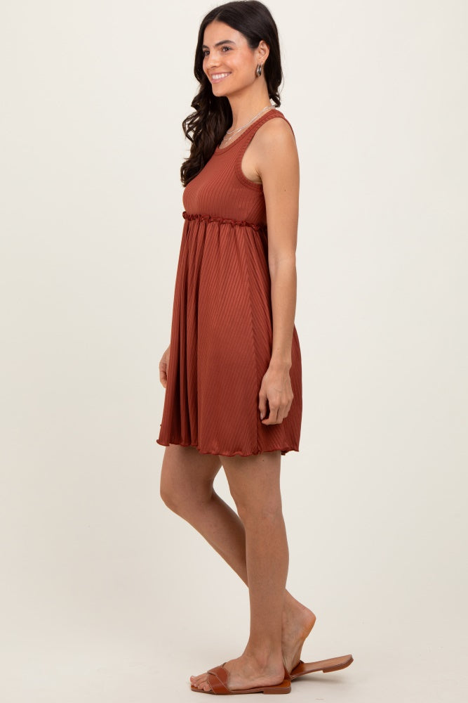 Rust Ribbed Sleeveless Lettuce Trim Mini Dress