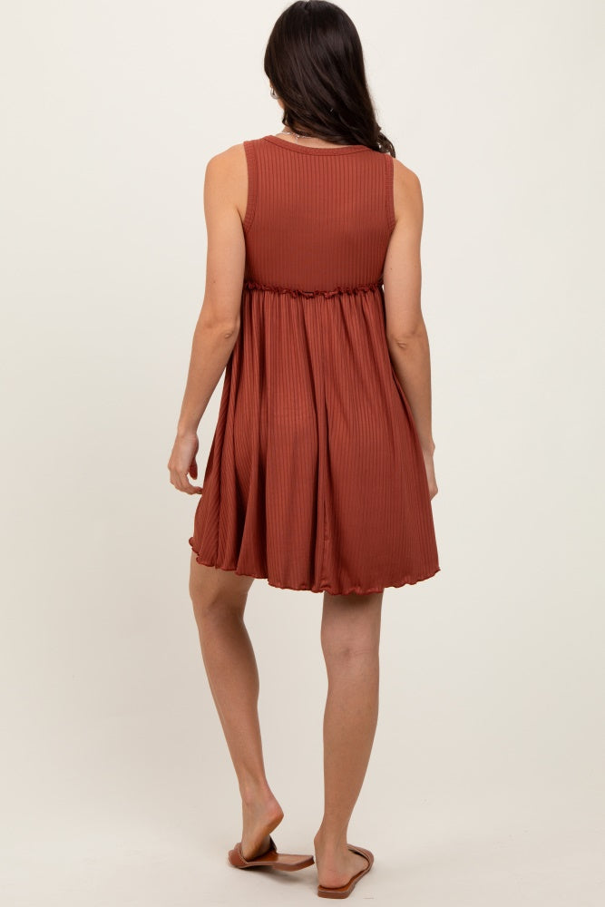 Rust Ribbed Sleeveless Lettuce Trim Mini Dress