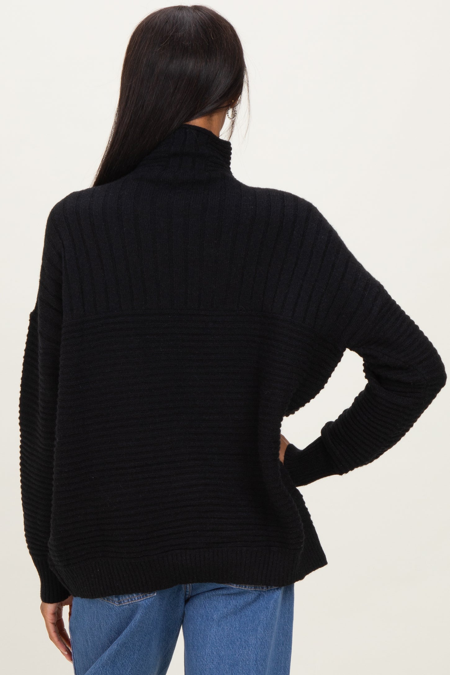 Black Ribbed Knit Turtleneck Dolman Sleeve Sweater