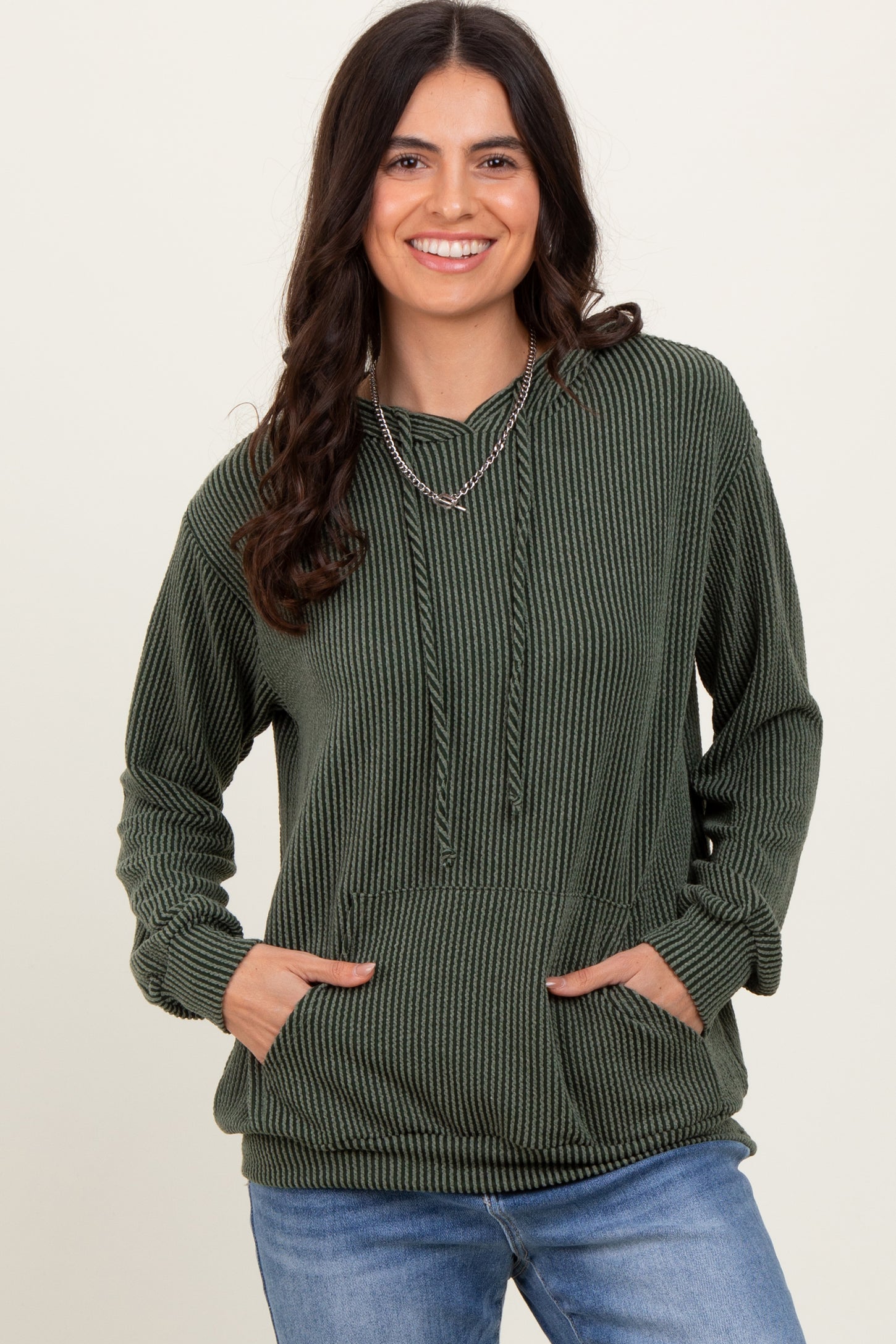 Olive Ribbed Basic Drawstring Hoodie