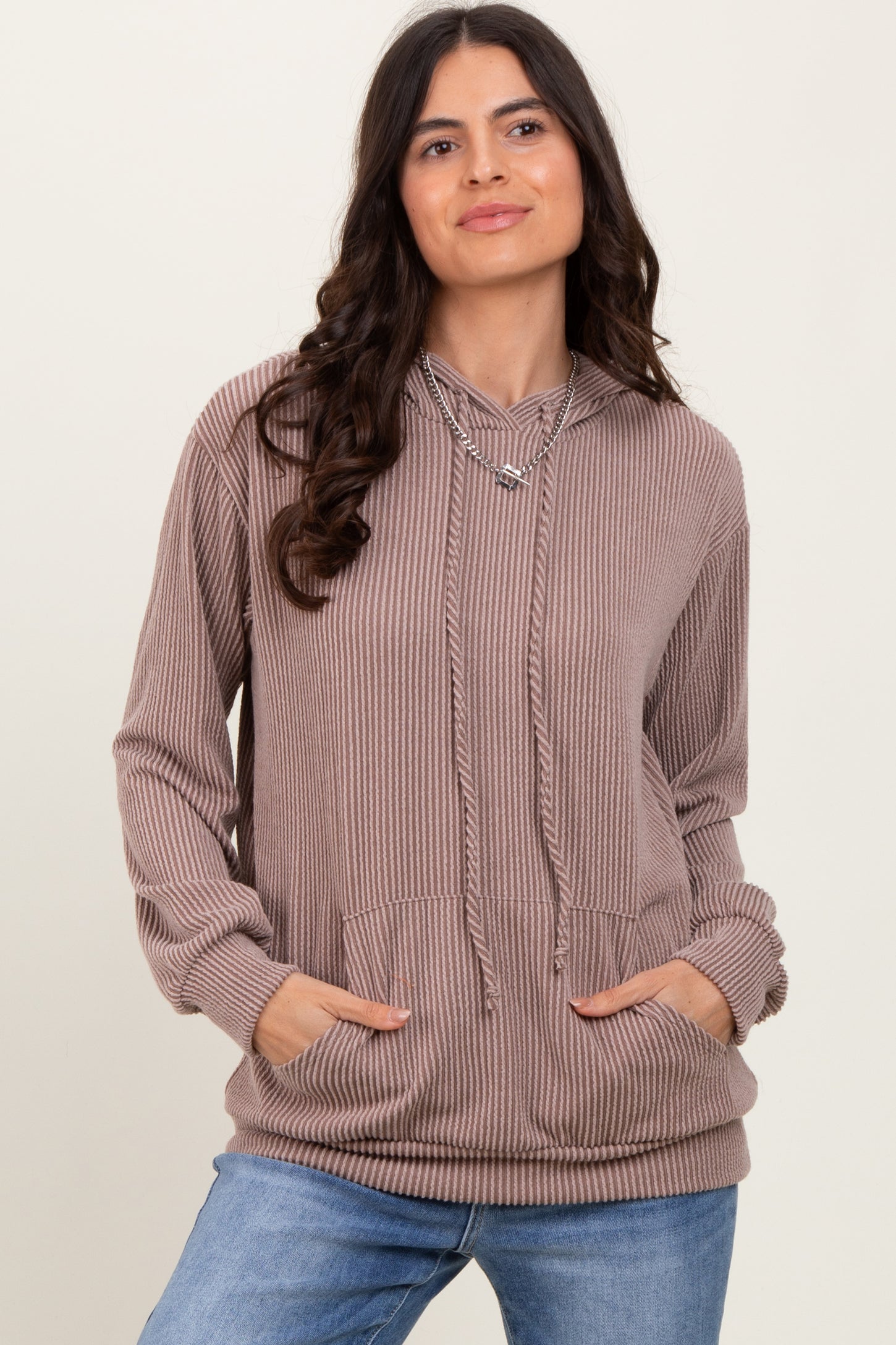 Taupe Ribbed Basic Drawstring Hoodie