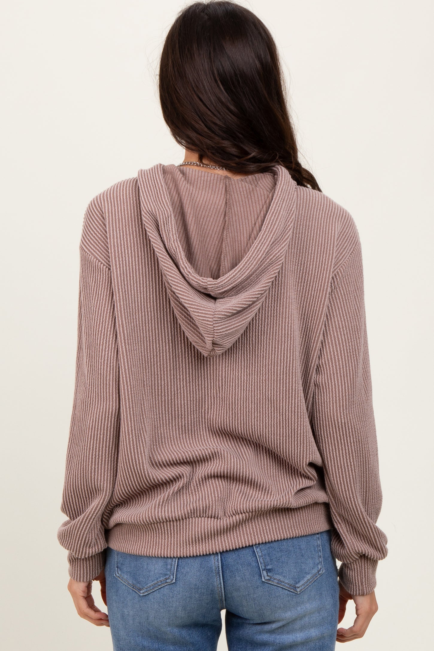 Taupe Ribbed Basic Drawstring Hoodie