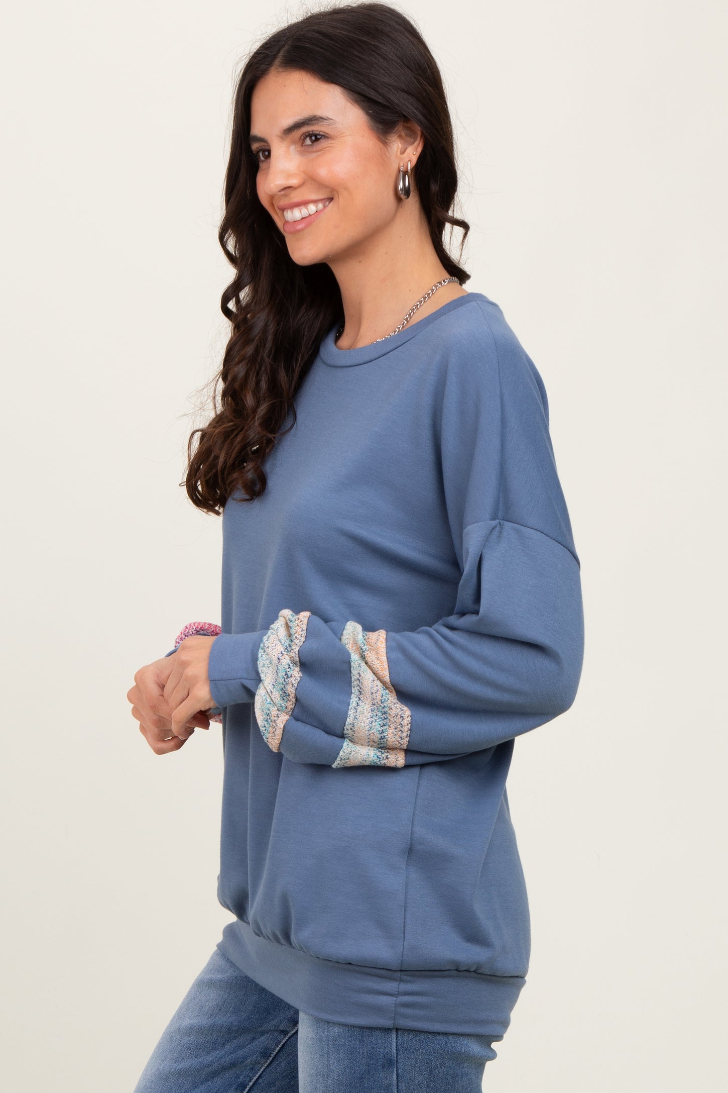 Blue Multicolor Trim French Terry Sweatshirt