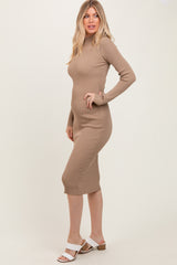 Light Taupe Mock Neck Fitted Ribbed Knit Midi Dress