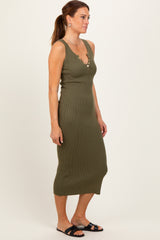 Olive Ribbed Fitted Sleeveless Snap Button Dress
