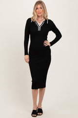 Black Contrast Trim Ribbed Knit Button Up Midi Dress