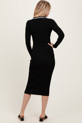 Black Contrast Trim Ribbed Knit Button Up Midi Dress
