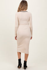 Cream Contrast Trim Ribbed Knit Button Up Maternity Midi Dress